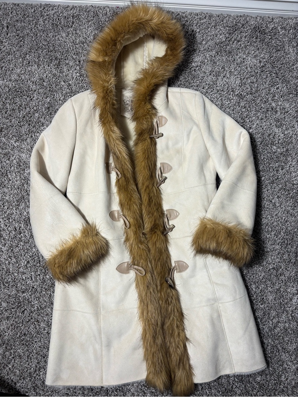 Cream Hooded Trench Coat with Brown Faux-Fur Trim